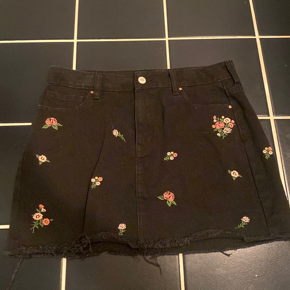 Black Embroidered Jean Skirt